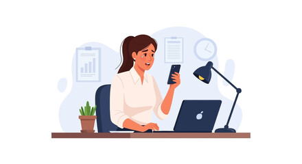 Distressed woman crying while checking her smartphone at the office, representing stress, bad news, or burnout in business.