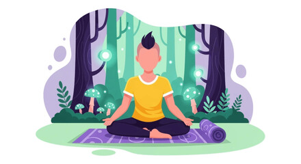 A person meditates peacefully on a yoga mat in a serene, magical forest setting, symbolizing inner calm, balance, and well-being. Ideal for wellness, mindfulness, and health concepts.