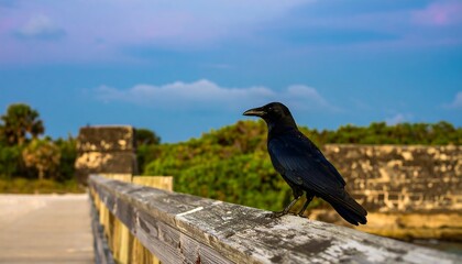 Black crow perched on a wooden railing overlooking the beach.