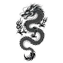 Powerful black and white Chinese dragon illustration with intricate details. A classic oriental tattoo style mythical creature symbolizing strength.