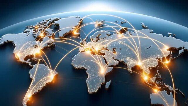 Global Network: A digital illustration of the globe highlights interconnectedness through a network of lines, depicting global relationships and the flow of information. - Powered by Adobe