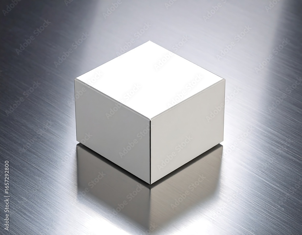 Aufkleber white cube reflects on brushed metal surface, showcasing its sharp edges and smooth texture in a min