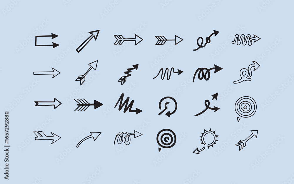 Poster collection of hand drawn arrows and pointers in various styles and directions on a light blue backgr