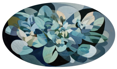Oval abstract artwork, shades of blue and muted greens, layered shapes
