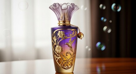 A purple  gold perfume bottle featuring a hummingbird design sitting on a wooden table with floating bubbles in the background