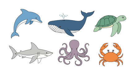 Cartoon Illustration of Marine Animals for Educational Purposes, Children's Books, and Ocean Conservation Awareness Campaigns