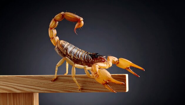 A detailed close-up of a desert scorpion with its tail raised, perched on a wooden surface against a dark background.
