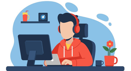 Young person in headphones working remotely on a computer and laptop, showcasing comfortable home office setup for digital learning or business.