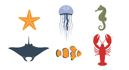 Vibrant Marine Life Illustration Set Featuring Diverse Ocean Creatures for Educational and Decorative Purposes in Children's Books and Aquarium Displays.