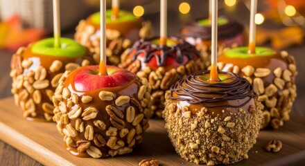 Caramel apples some with nuts some with chocolate drizzle sit on a wooden board