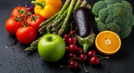 Closeup of fresh produce tomatoes pepper asparagus eggplant broccoli apple cherries orange
