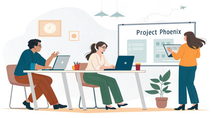 A diverse team collaborates in a modern office, presenting and working on laptops, symbolizing strategic project development and business success.