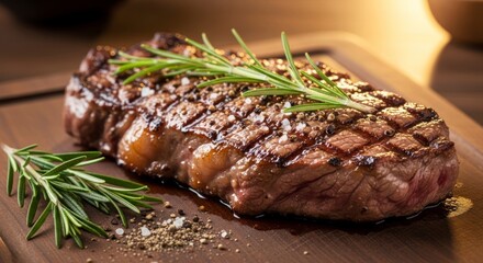 Closeup shot of a grilled steak seasoned with pepper and salt garnished with rosemary sprigs and served on a wooden board