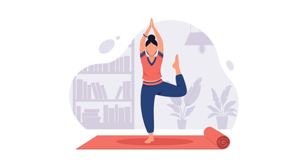 Woman practicing yoga at home, finding balance and relaxation on her mat. Ideal for lifestyle, wellness, and fitness content.