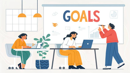 Business team collaborating in a modern office, strategizing and setting goals on a whiteboard. Concept of teamwork, planning, and achieving success.