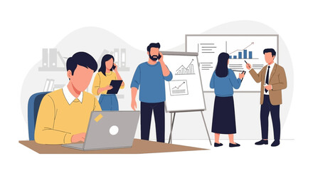 Diverse business team collaborating in an office. Engaging in a presentation, data analysis, and communication for corporate productivity.