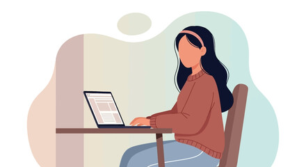 Professional illustration of a woman working on a laptop at a desk, symbolizing remote work, online learning, and digital productivity.