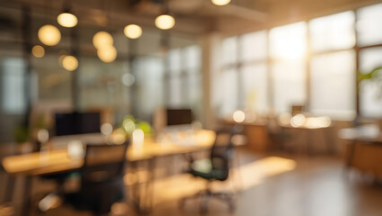 Blurred Office Space: An office interior, captured with a blurred effect, with sunlight streaming in creating a warm and inviting ambiance.