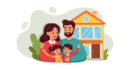 Joyful cartoon family with two children embracing in front of their home, depicting happiness, security, and new beginnings. Perfect for real estate and family concepts.