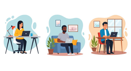 Diverse people work remotely from home using laptops, illustrating flexible work, freelancing, and online education concepts. Productive lifestyle.