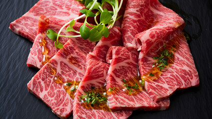 Delectable Meat Slices: A close-up view of meticulously arranged slices of raw, high-quality meat, displaying rich marbling, artfully adorned with fresh herbs and enticing sauces.