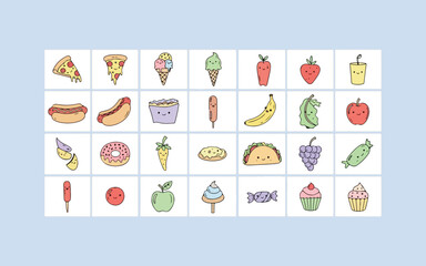 A colorful grid of hand drawn food and drink icons in a playful doodle style
