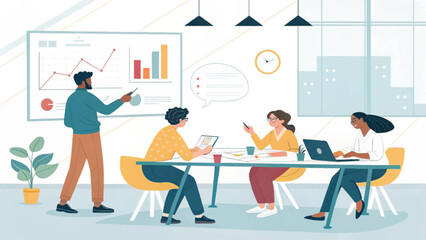 Diverse business team collaborating in a modern office, analyzing data and discussing strategy for growth and success.