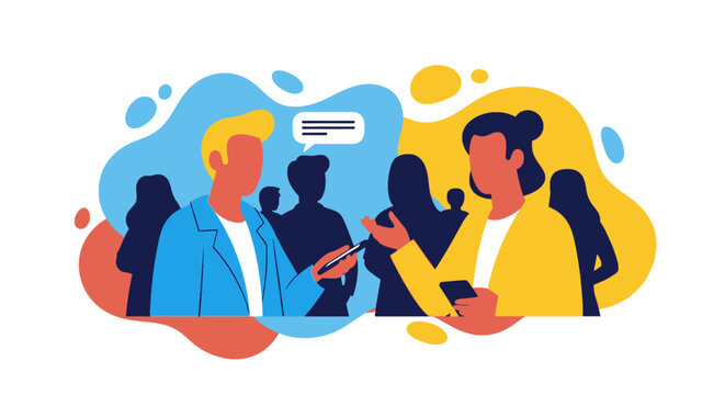 Two individuals engage in conversation, exchanging ideas in a dynamic social or business setting. Represents communication, networking, and collaboration.