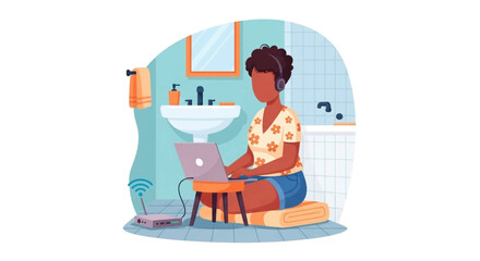 A woman works remotely on her laptop in a bathroom, wearing headphones for focus. Depicts remote work challenges, flexibility, or finding a quiet space.