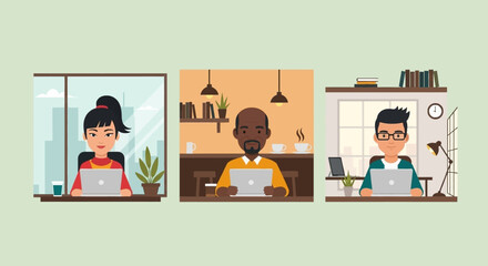 Diverse professionals working on laptops in various settings: office, cafe, and home. Representing remote work, global connectivity, and flexible business solutions.
