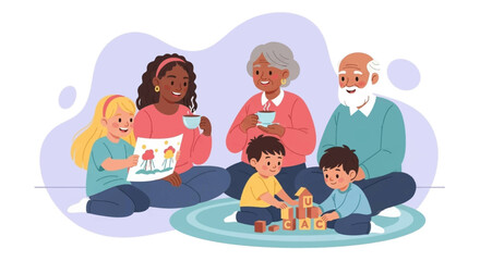 Happy multi-generational family bonding at home. Children play with blocks and draw while adults relax. Perfect for family, education, and lifestyle concepts.