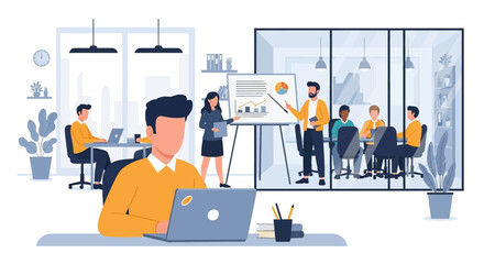 Professionals collaborate in a modern office, featuring a vibrant team meeting and an individual focused on work. Ideal for business, corporate, and productivity themes.