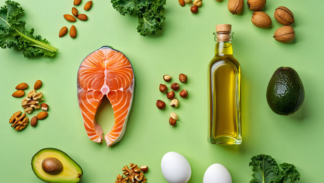 Nutritional Symphony: A visually captivating flat lay showcases a diverse ensemble of wholesome, nutrient-rich food items.