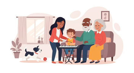 Multigenerational family gathering in a bright living room. A mother helps her child play the keyboard, while grandparents smile. A happy dog plays nearby.