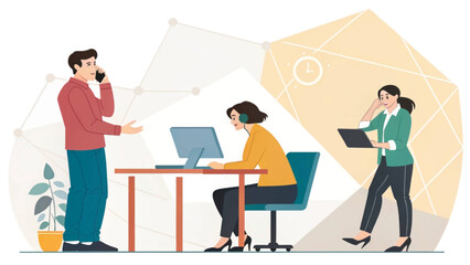 Modern office team collaborating, communicating, and managing tasks efficiently in a connected digital environment. Ideal for business, technology, or productivity concepts.