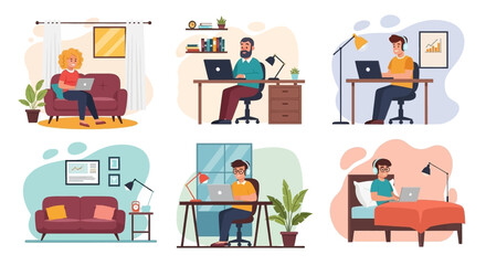 Diverse people work remotely from home, showcasing flexible modern lifestyles, online business, and education opportunities.