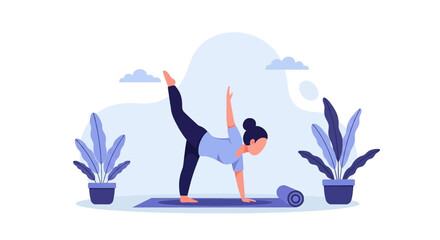Woman practicing yoga, balancing in a half-moon pose with potted plants. Ideal for concepts of health, wellness, exercise, mindfulness, and a balanced lifestyle.