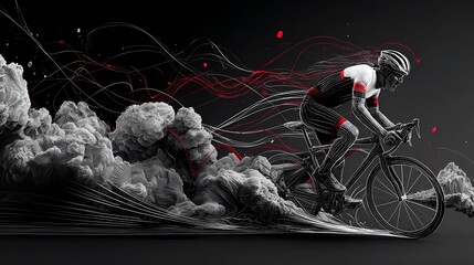 Dynamic Cyclist Riding Road Bicycle in Artistic Cloudy Environment with Red and White Lines