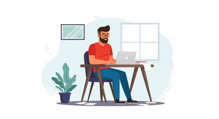 Bearded man wearing glasses sits at a desk, working on a laptop in his home office, ideal for remote work or online education concepts.