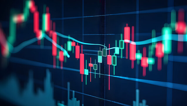Financial Data Visualization: A compelling visualization of stock market fluctuations, charting upward and downward trends using vibrant color-coded candlesticks against a deep blue background.