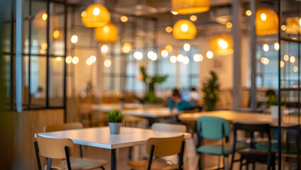 Cafe Interior: A blurred ambiance photo of a modern cafe bathed in warm, inviting light. with details of tables, chairs, and overhead lighting fixtures, this is a perfect depiction of cafe.