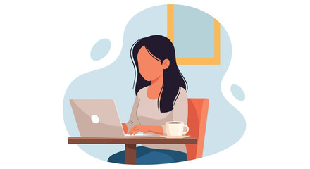 Woman working remotely on a laptop with coffee, representing online learning, freelance work, or modern digital lifestyle.
