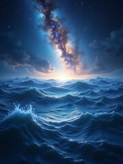 Stunning AI-generated image of a vast ocean at night, illuminated by a vibrant, celestial river of stars stretching across the sky.  Perfect for fantasy or cosmic themes.