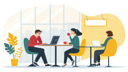 People working and collaborating in a modern cafe or co-working space. Represents remote work, digital lifestyle, and flexible business.