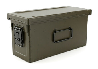 Durable olive drab metal ammunition box with carrying handle and latch