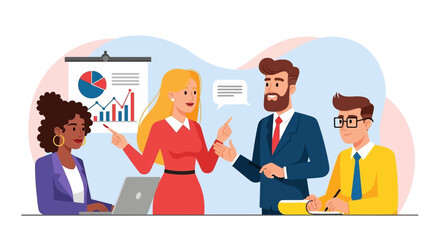Diverse business team collaborating in a professional meeting, analyzing charts and discussing strategies for corporate growth and success.