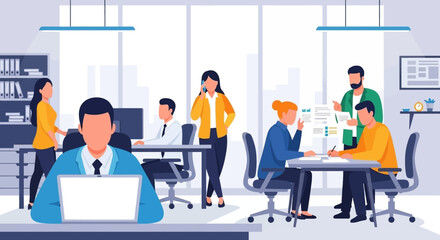 Professional individuals actively engaged in various tasks within a contemporary office setting, emphasizing collaboration, focus, and corporate productivity.