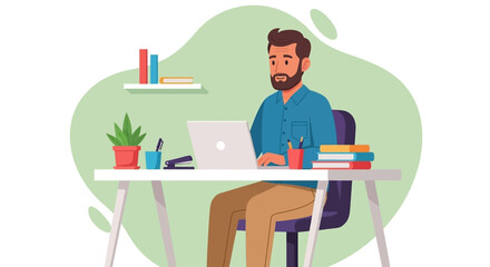 Man working diligently on his laptop at a modern desk, surrounded by office essentials, suitable for business, education, or remote work concepts.