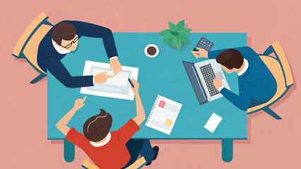 Dynamic top-down view of professionals collaborating at a modern office desk, discussing documents and using a laptop. Ideal for business, teamwork, and productivity concepts.