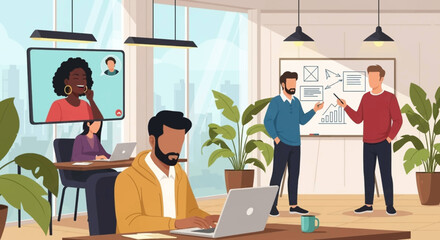 Modern office scene with diverse professionals collaborating, some working remotely via video call. Depicts teamwork, communication, and contemporary business productivity.